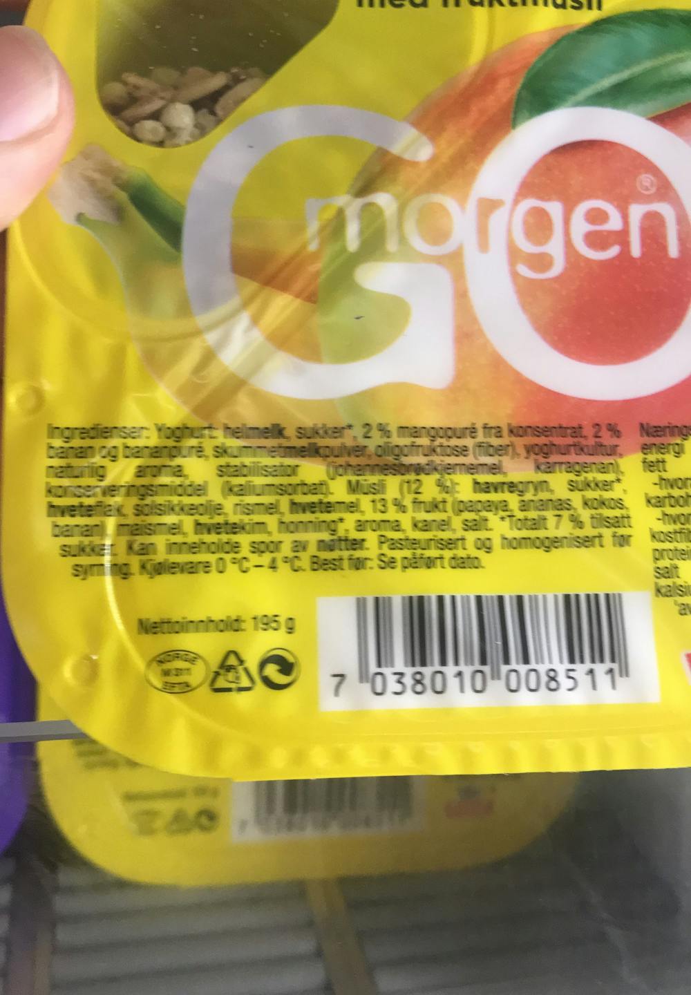 Ingredienslisten til Tine Go' morgen mango- og bananyoghurt