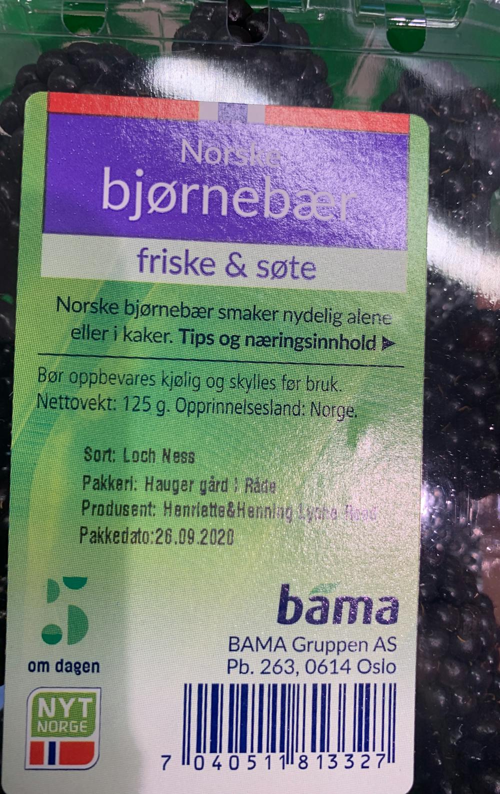 Ingredienslisten til Norske bjørnebær, Bama