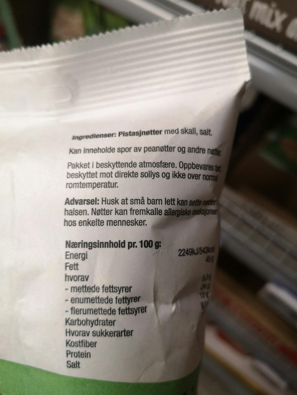 Ingredienslisten til Sørlandschips Pistasjnøtter