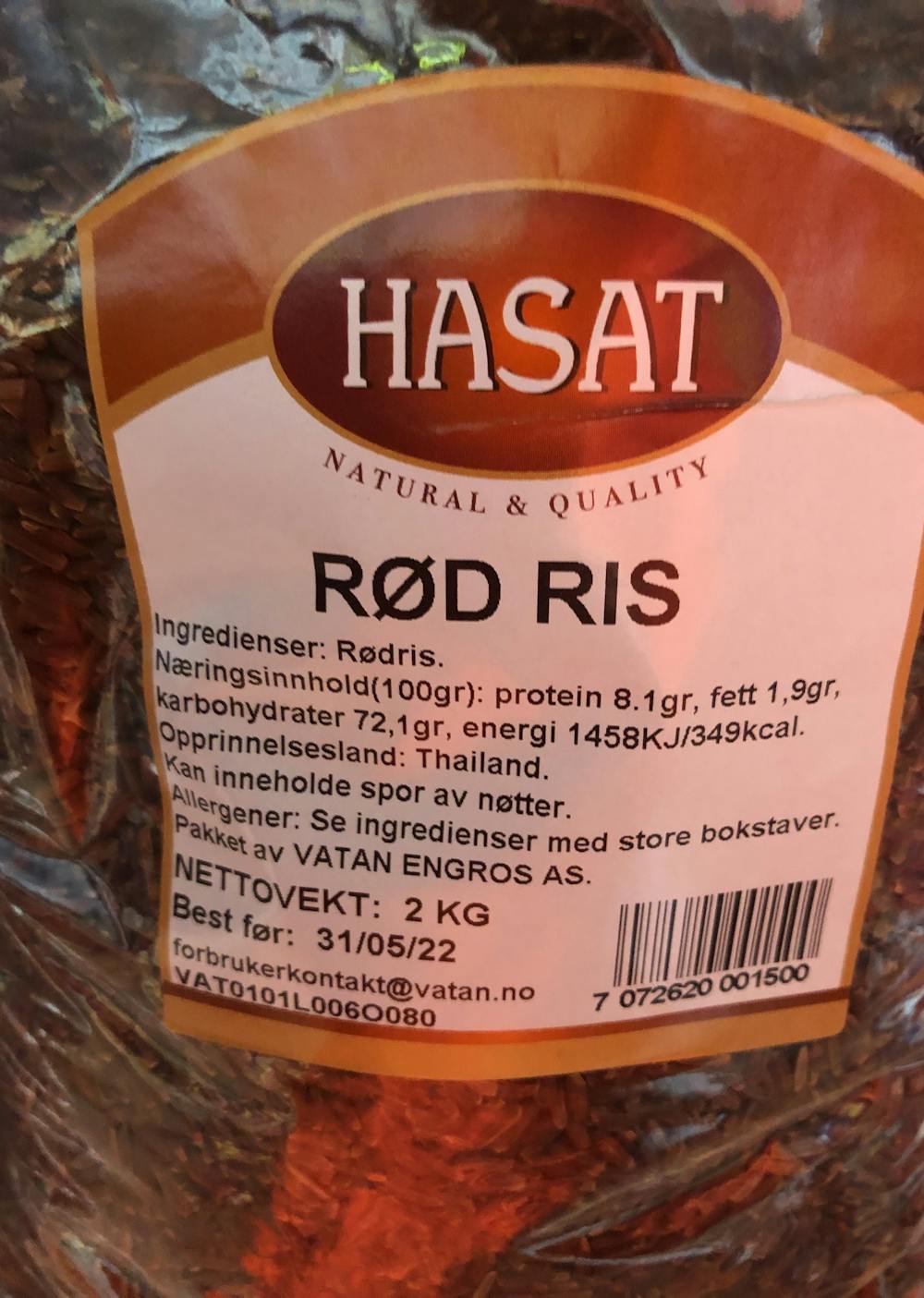 Ingredienslisten til Hasat Rød ris