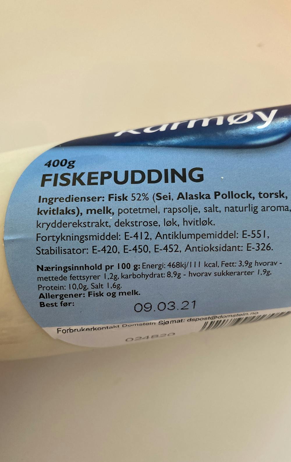 Ingredienslisten til Karmøy Fiskepudding