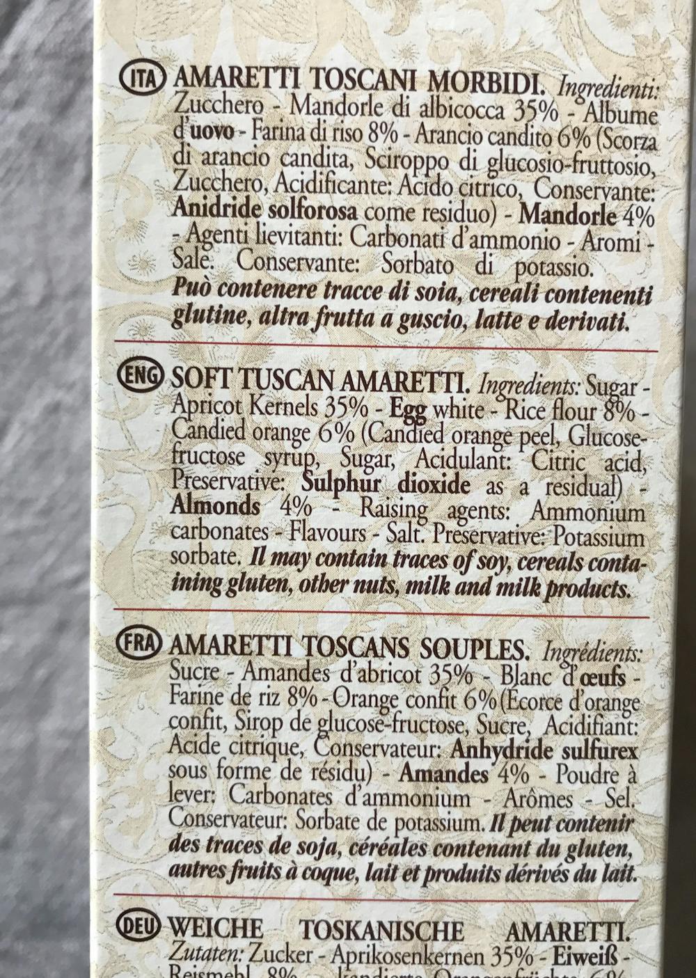 Ingredienslisten til Ghlott Amareti toscani