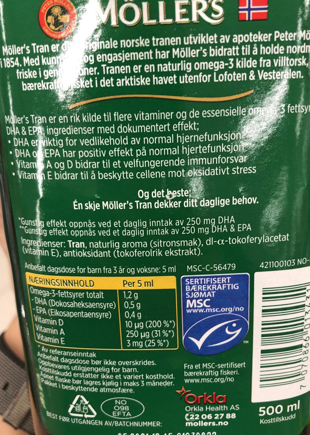 Ingredienslisten til Möllers Möllers tran smak av sitron