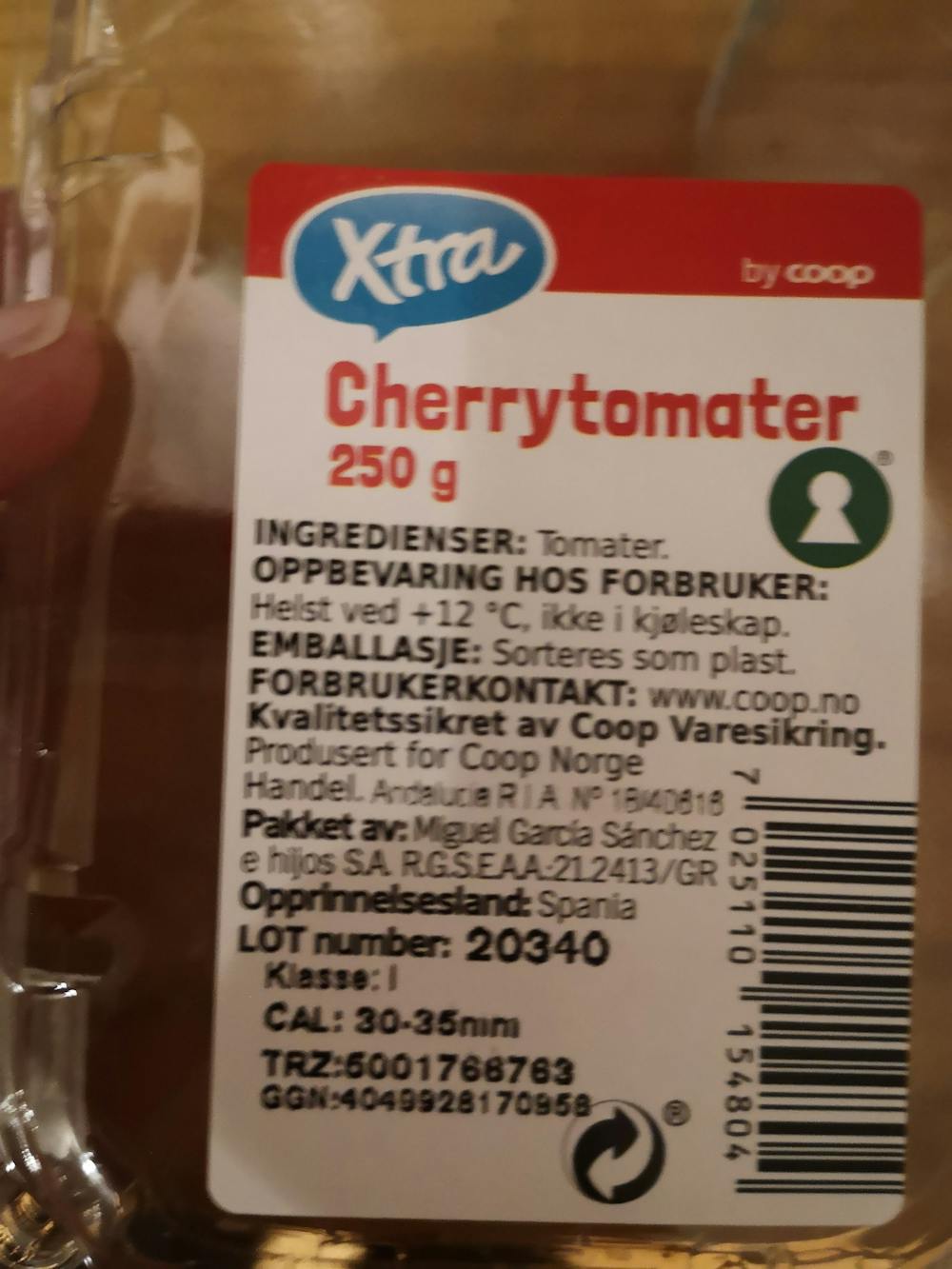 Ingredienslisten til Xtra Cherrytomater