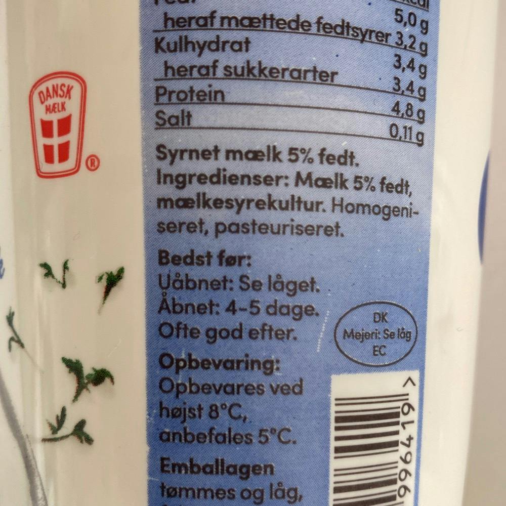Ingrediensliste - Cheasy fraiche syrnet mælk 5%, Arla