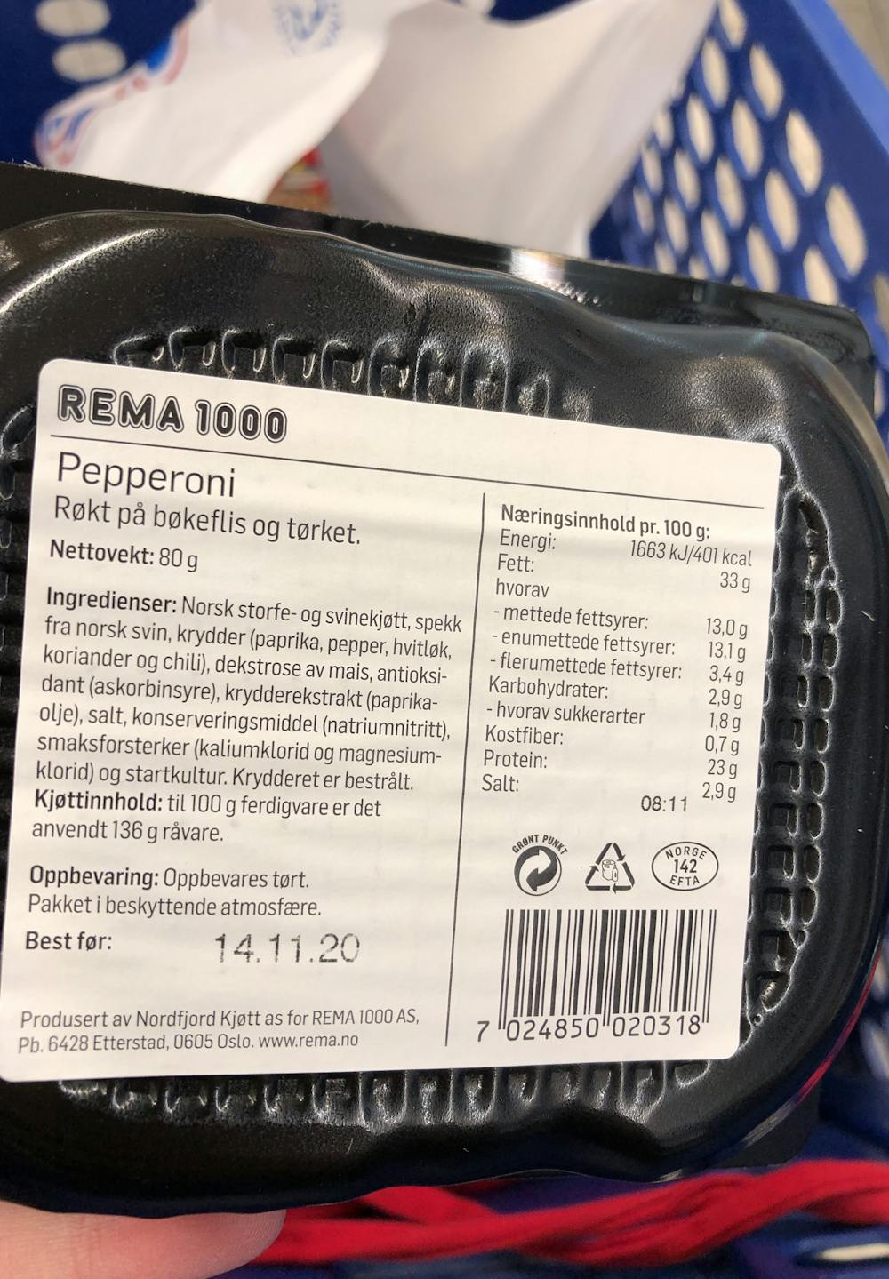 Ingredienslisten til Rema1000 Pepperoni, pizzatopping
