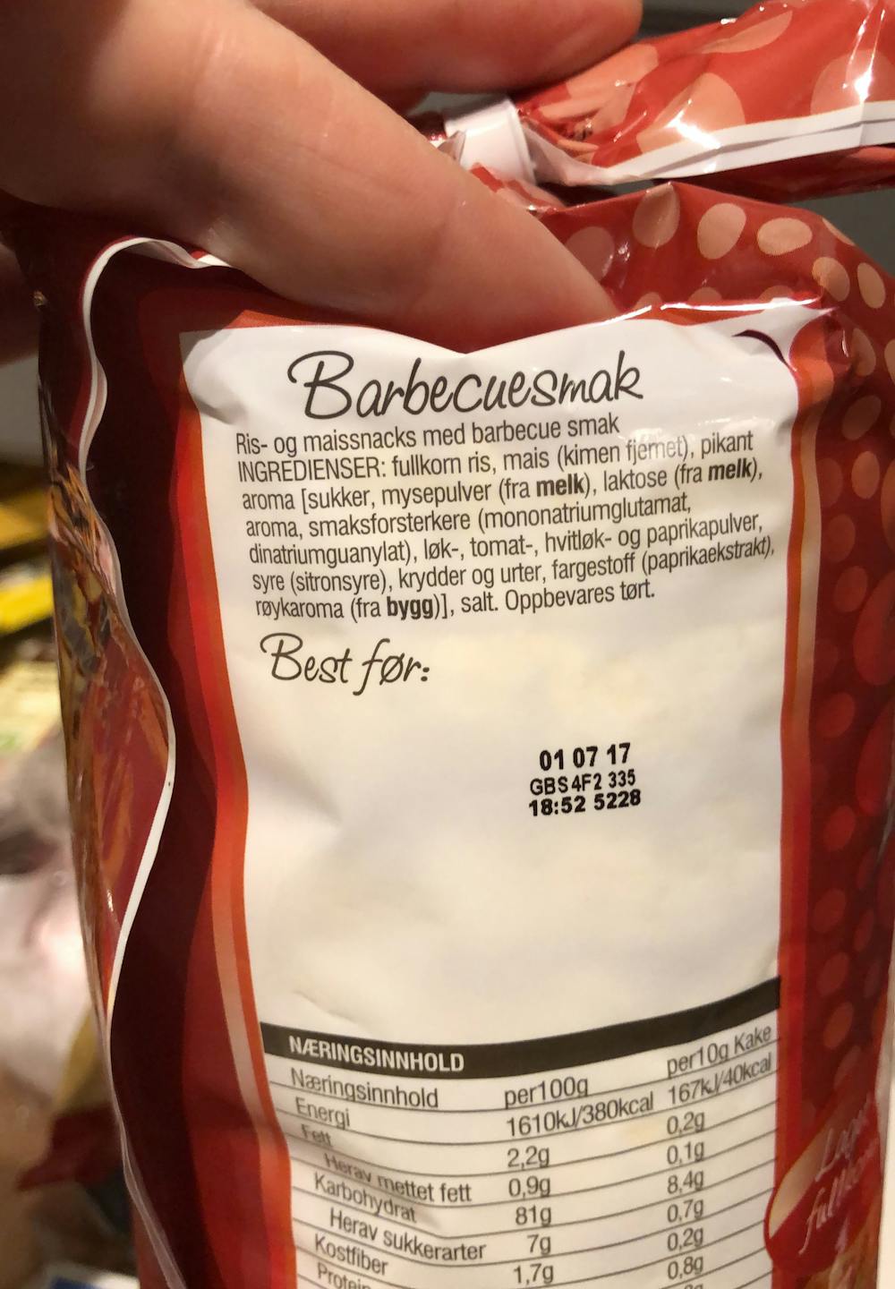 Ingredienslisten til Snack a Jacks Barbecuesmak