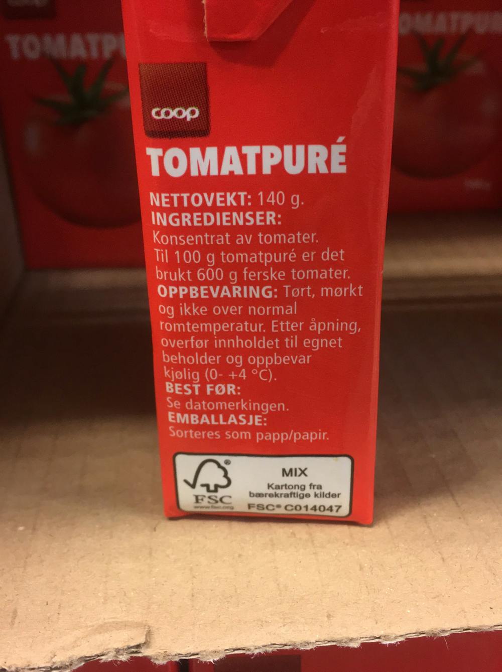 Ingredienslisten til Coop Tomatpuré