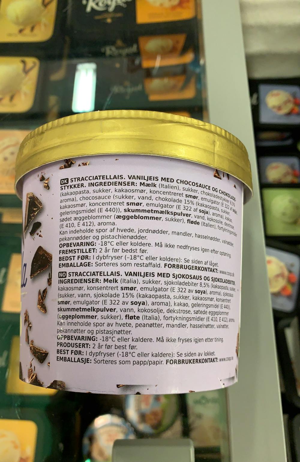 Ingredienslisten til Italiensk stracciatella gelato, Coop