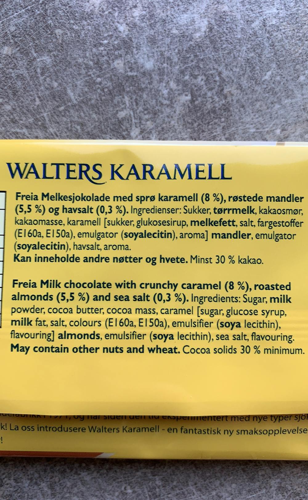 Ingrediensliste - Walters karamel melkesjokolade, Freia