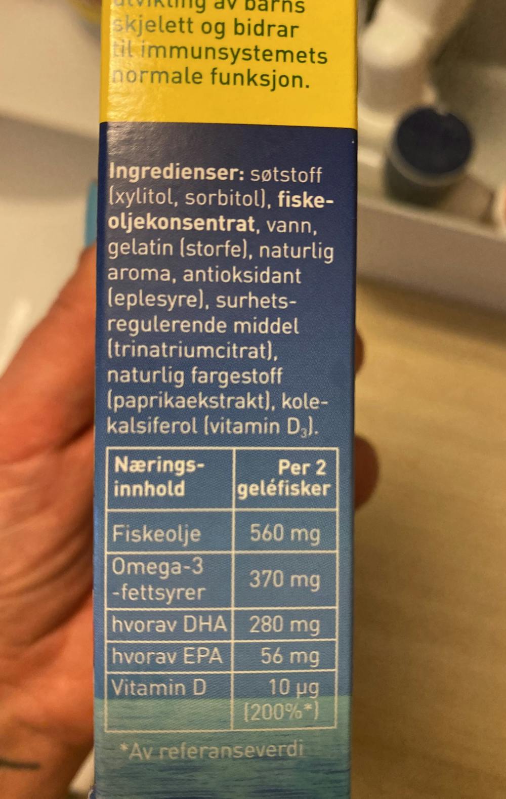Ingredienslisten til Omega-3, smakfulle gelefisk, Möllers