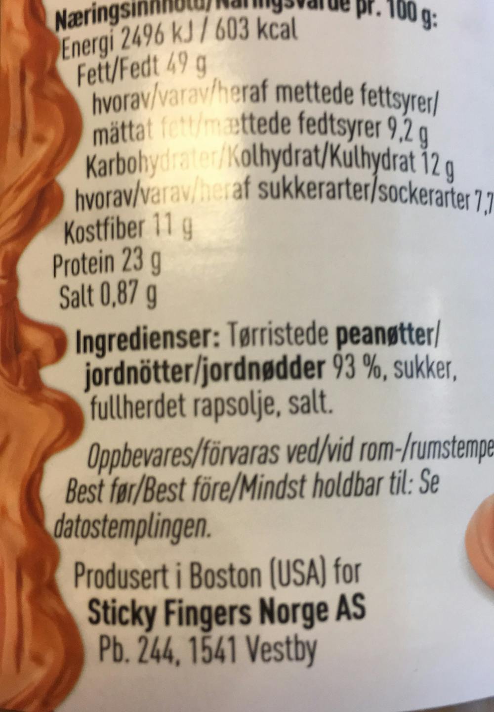 Ingredienslisten til Creamy peanut butter, Sticky fingers