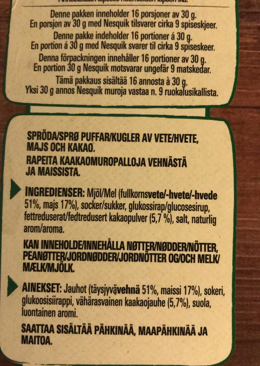 Ingrediensliste - Nesquik, Nestlé