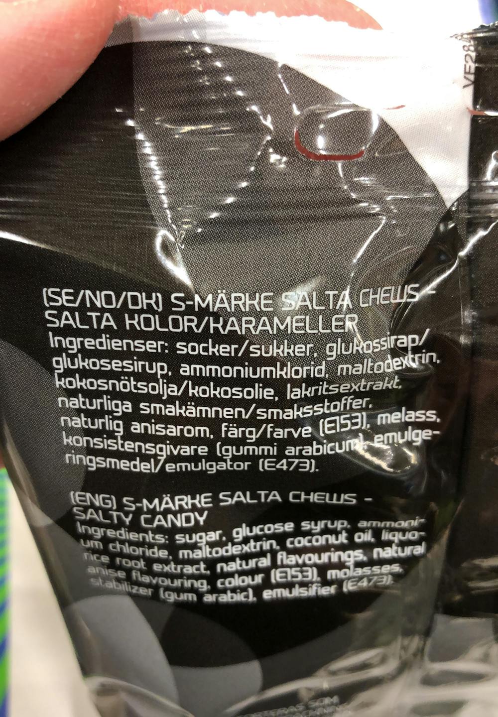 Ingredienslisten til Salta chews, S-märke originalet