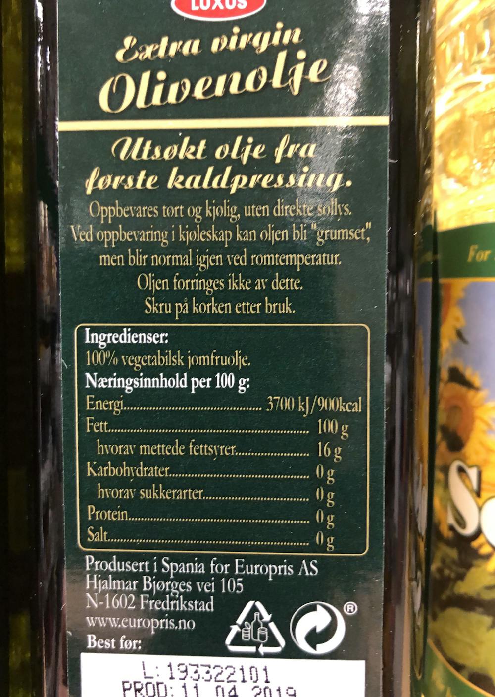 Ingredienslisten til Luxus Extra virgin Olivenolje