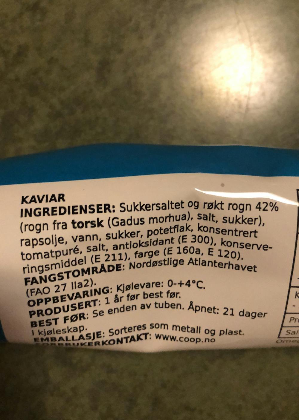 Ingredienslisten til Extra Kaviar