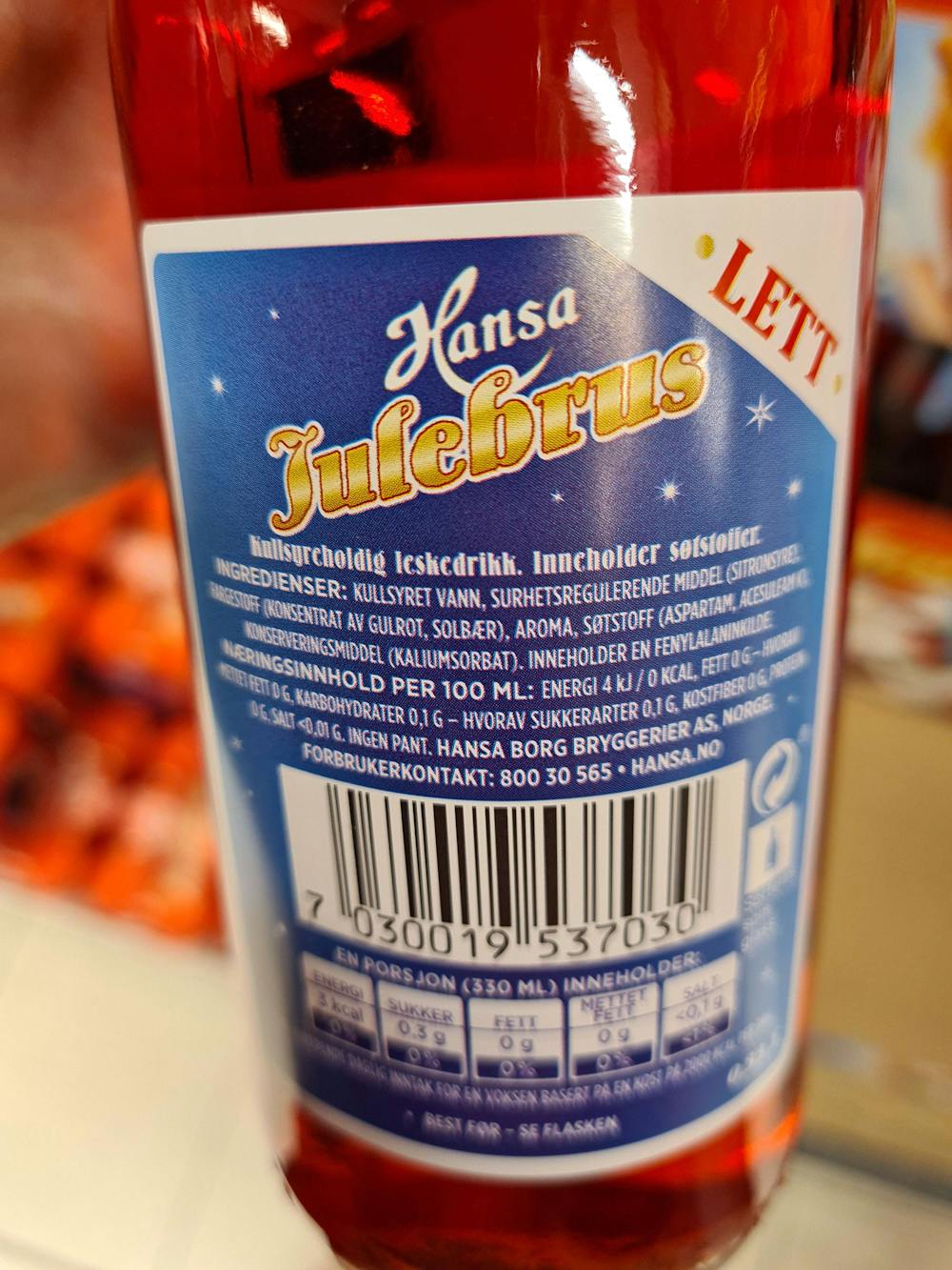 Ingredienslisten til Julebrus lett, Hansa