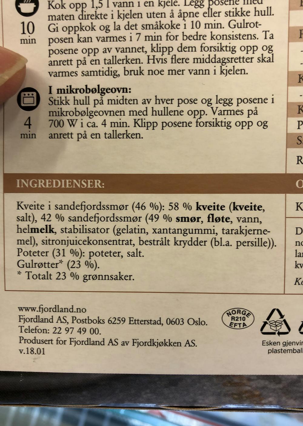 Ingredienslisten til Kveite med sandefjordssmør, gulrøtter og poteter, Fjordland