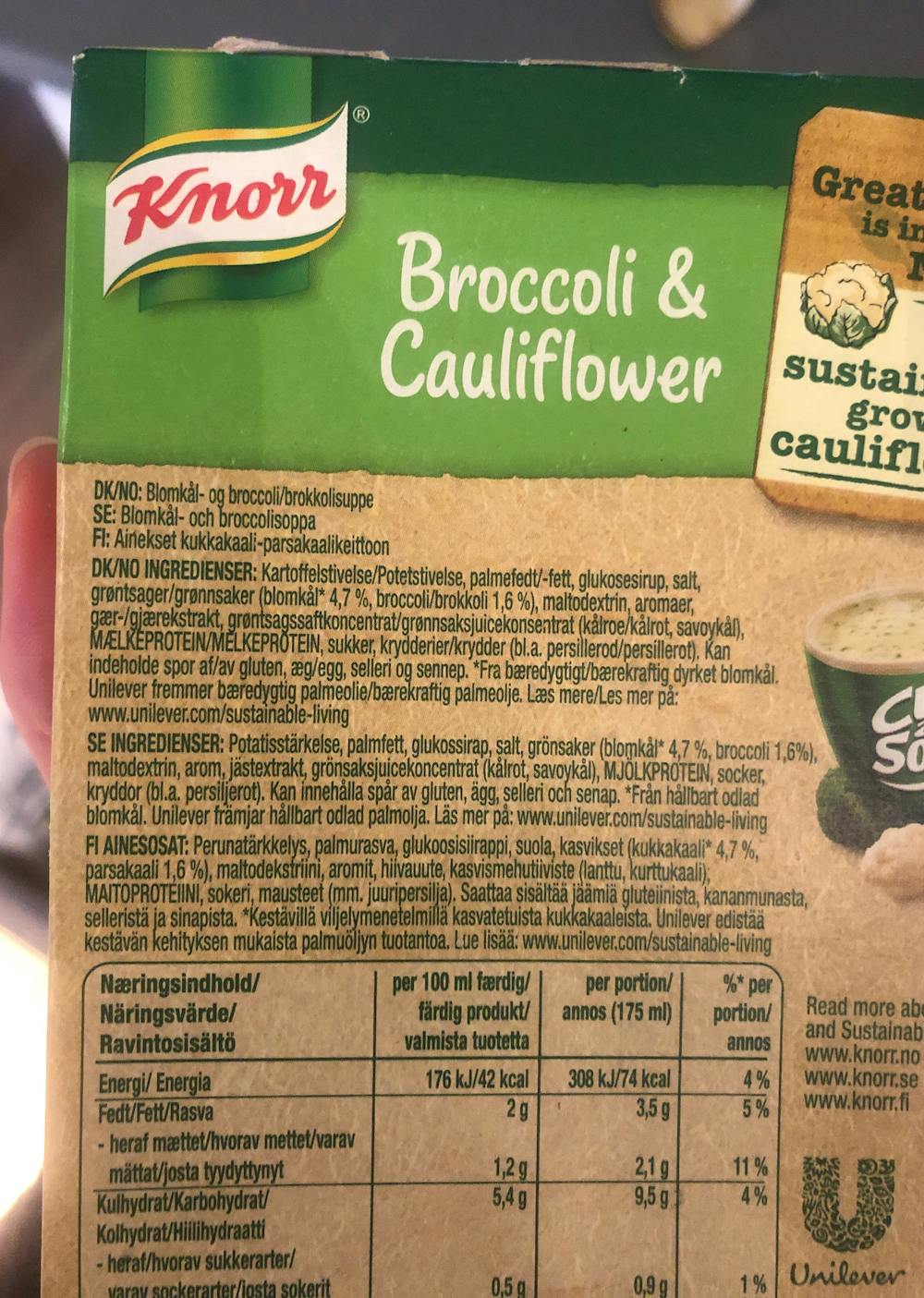 Ingredienslisten til Knorr Cup a soup, broccoli & cauliflower 