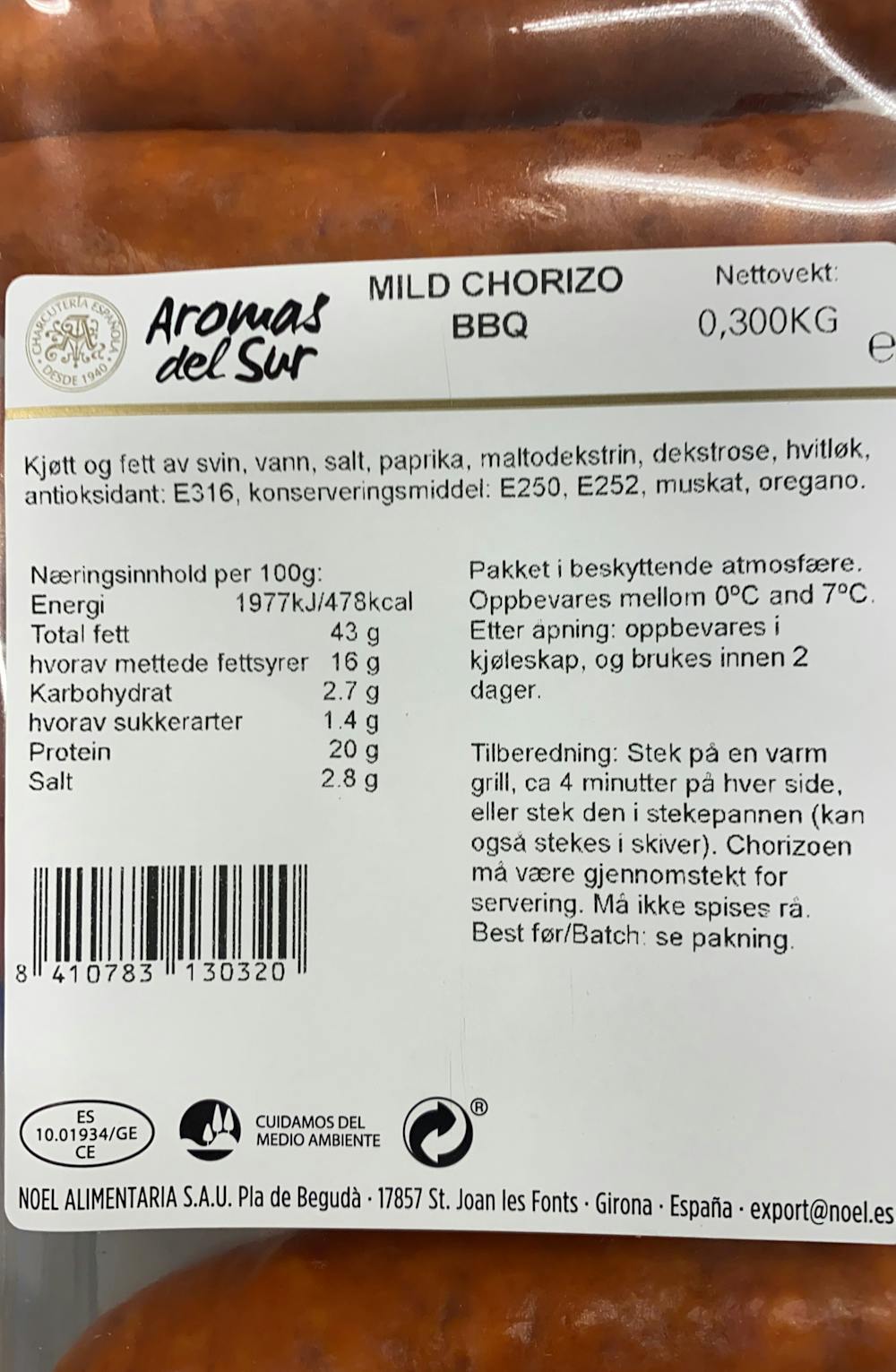 Ingredienslisten til Chorizo barbecue, Aromas del Sur