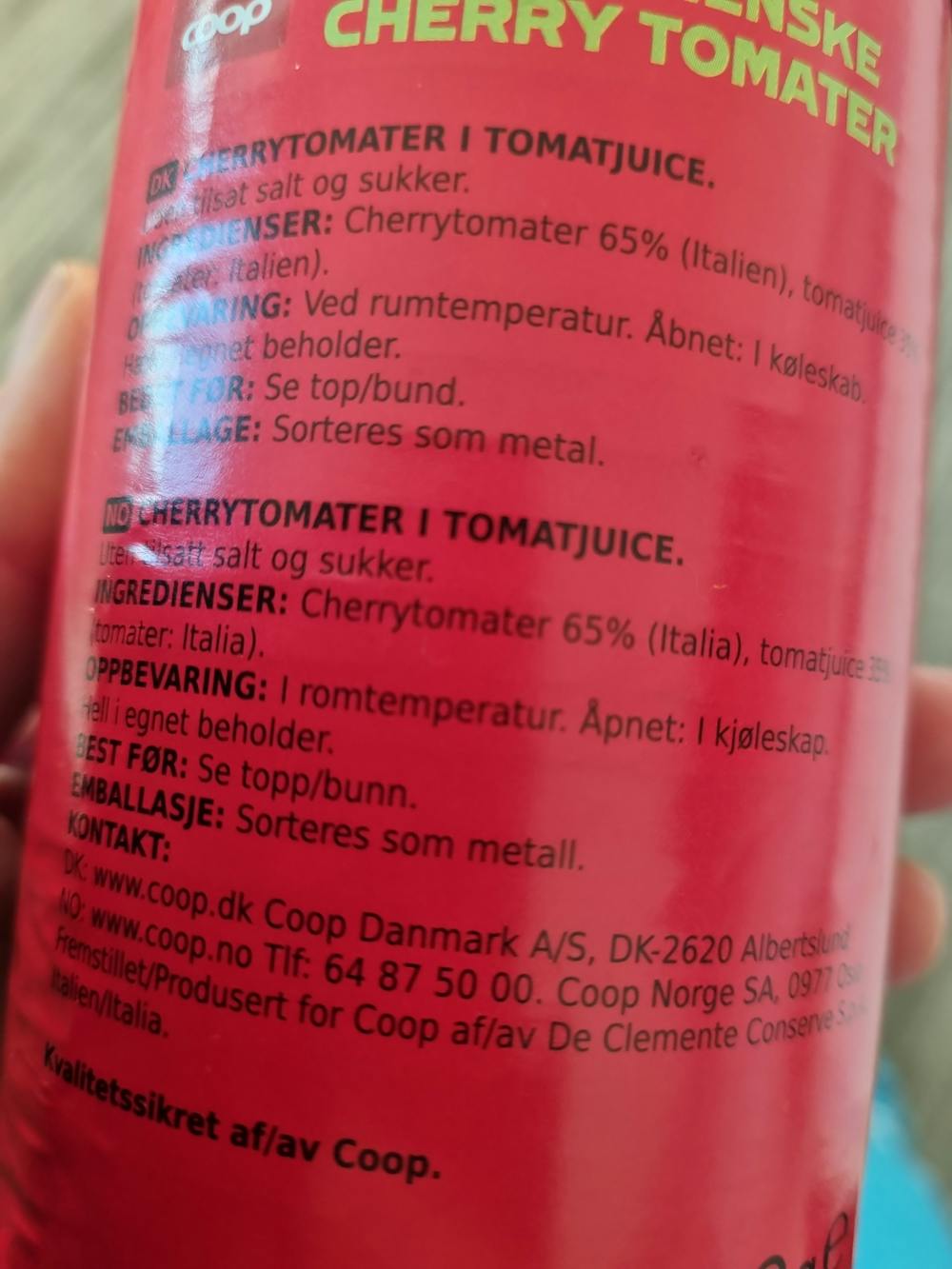 Ingrediensliste - Tomater, hele italienske cherrytomater, Coop