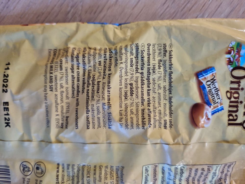 Ingredienslisten til Werthers original  Cream candies, sugar free