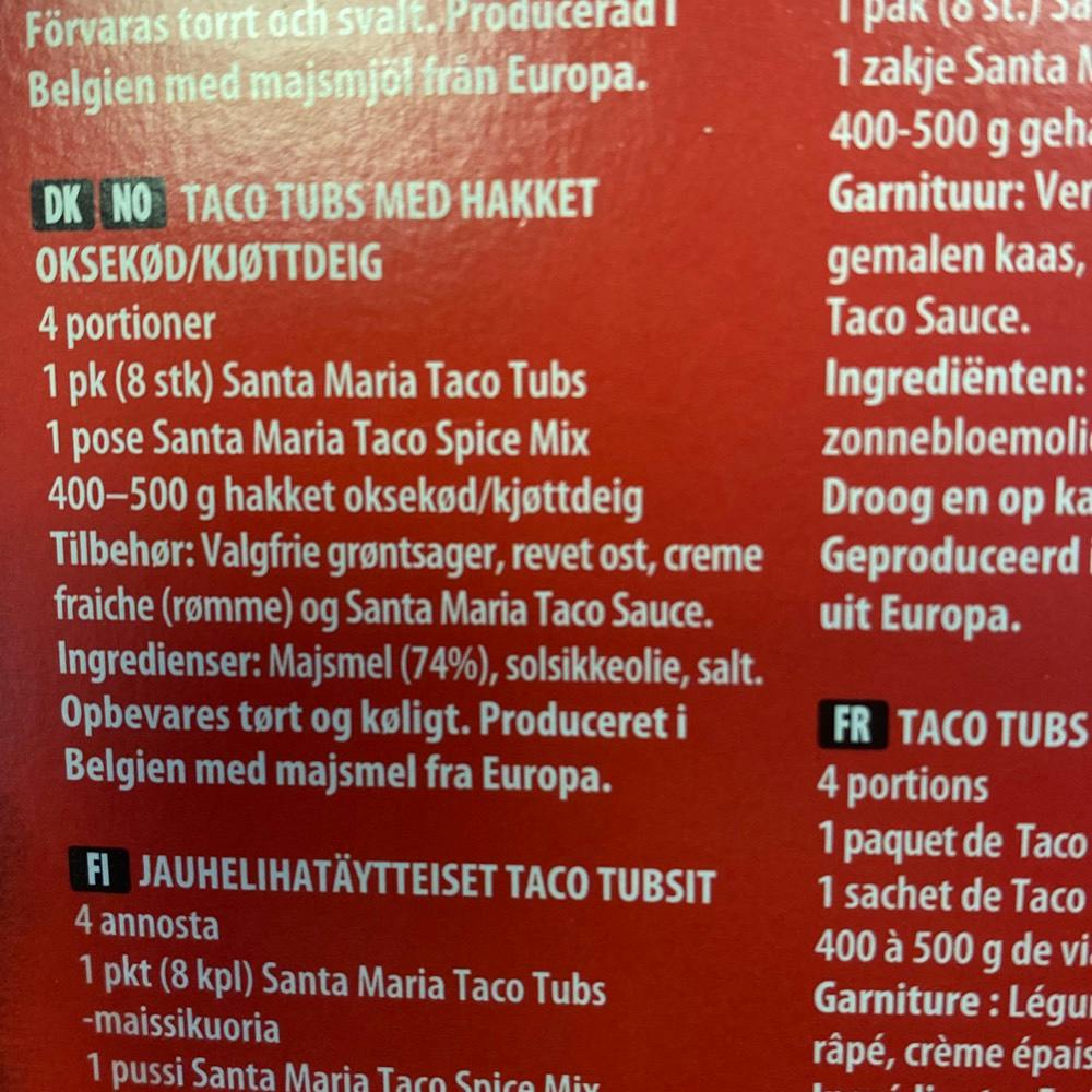 Ingrediensliste - Taco Tubs, Santa Maria