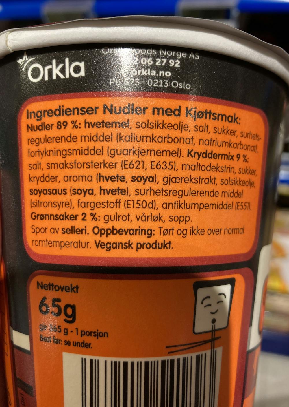 Ingredienslisten til Nudler med kjøttsmak, Mr. Lee