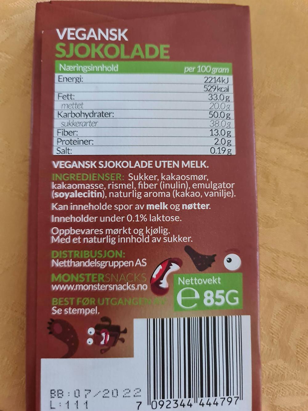 Ingredienslisten til Monster sjokolade, vegansk uten melk, Monster snacks
