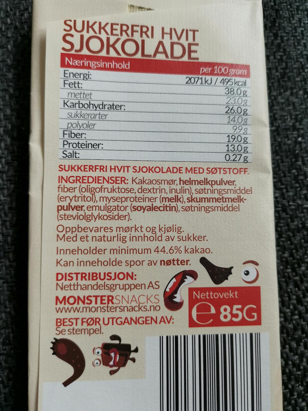 Ingredienslisten til Monster sukkerfri hvit sjokolade, Monster snacks