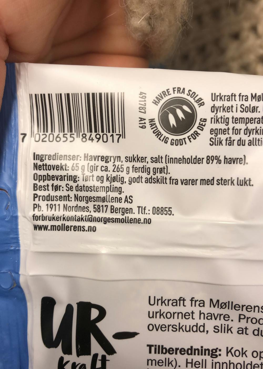 Ingrediensliste - Urkraft havregrøt original, Møllerens