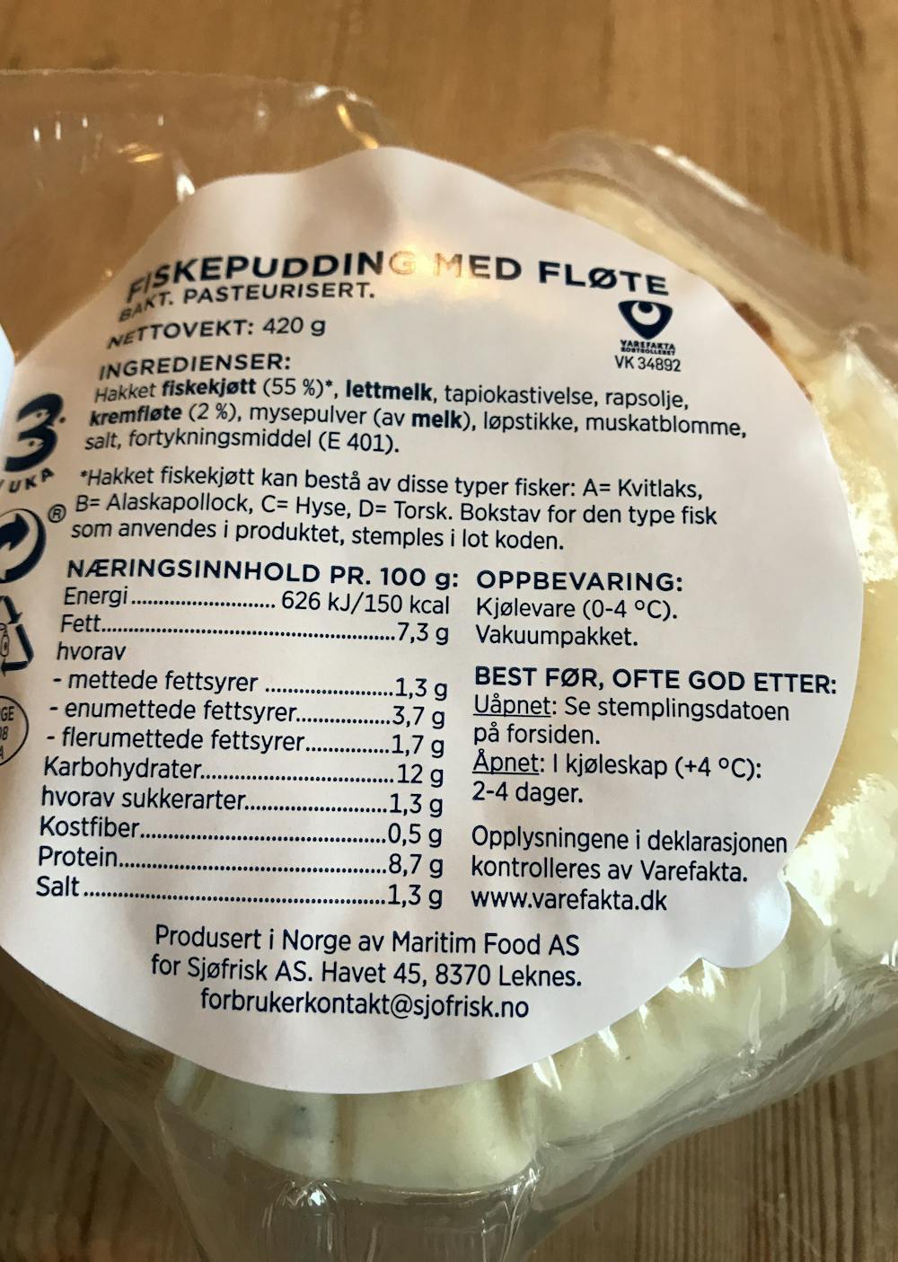 Ingredienslisten til Fiskeriet Fløtepudding