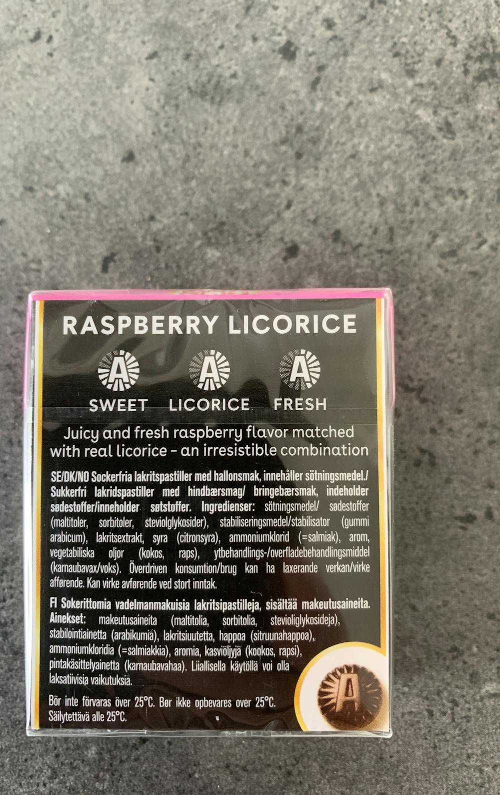 Ingredienslisten til Läkerol Raspberry licorice
