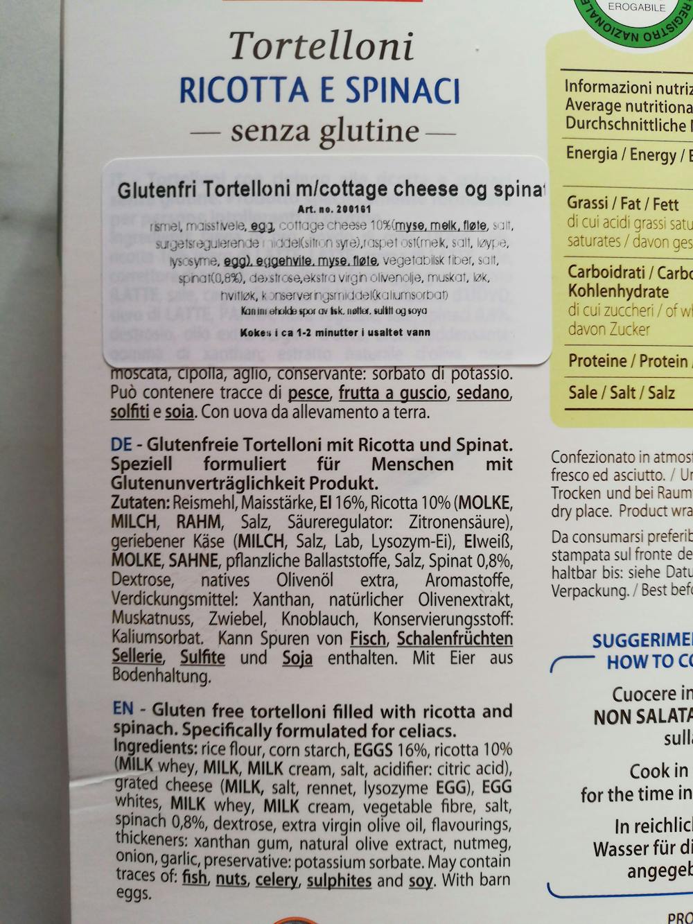 Ingredienslisten til Tortelloni, ricotta e spinaci, Le Veneziane