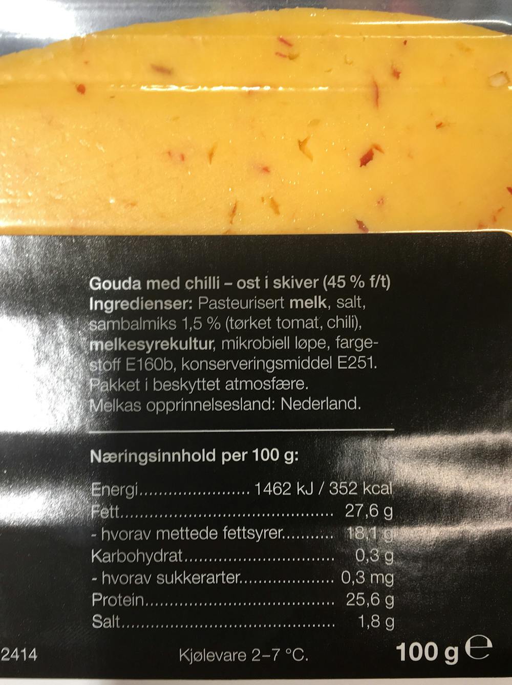Ingredienslisten til Eldorado Gouda ost i skiver med chili
