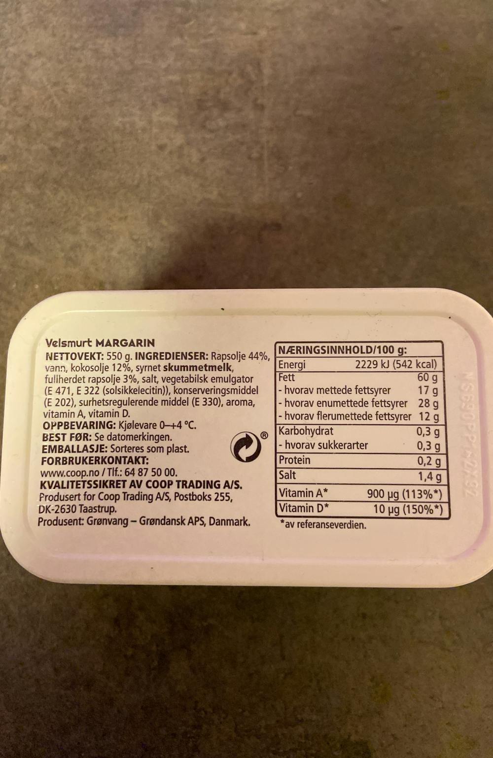 Ingredienslisten til Velsmurt margarin, Coop
