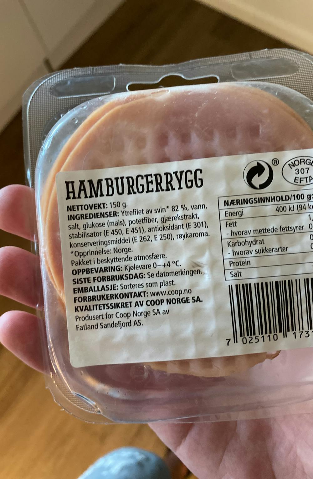 Ingredienslisten til Hamburgerrygg, Coop