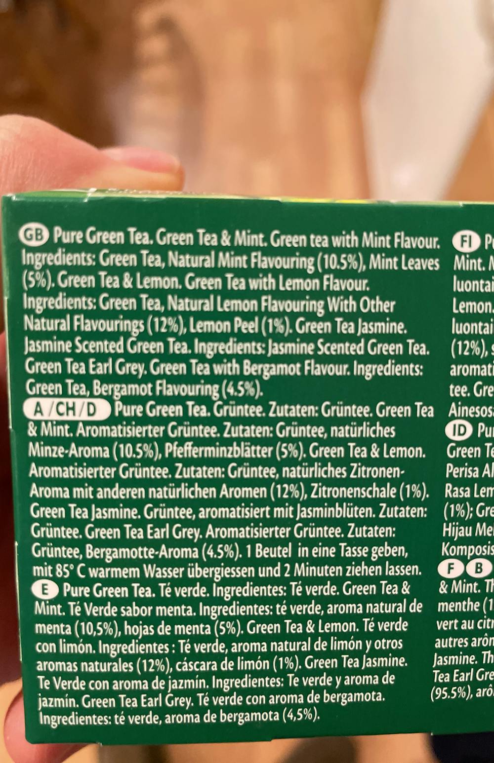 Ingredienslisten til Green tea collection, Twinings