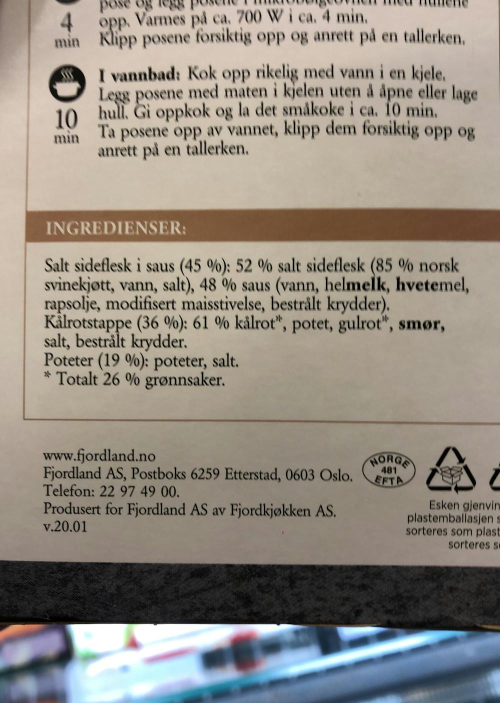 Ingredienslisten til Flesk og duppe med kålrotstappe og poteter, Fjordland