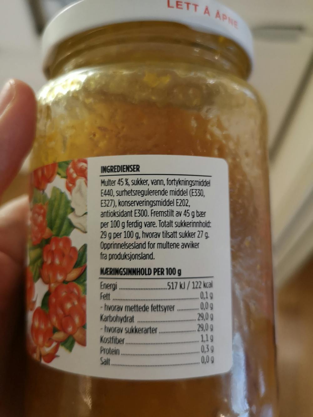 Ingredienslisten til Eldorado Multesyltetøy 45% bær