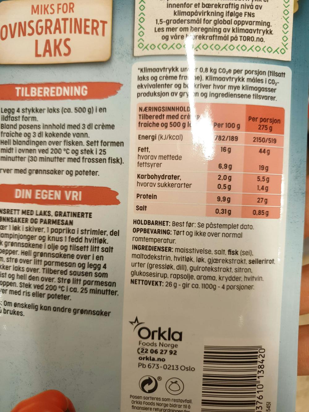 Ingredienslisten til Miks for ovnsgratinert laks, i kremet saus med sitron & urter, Toro