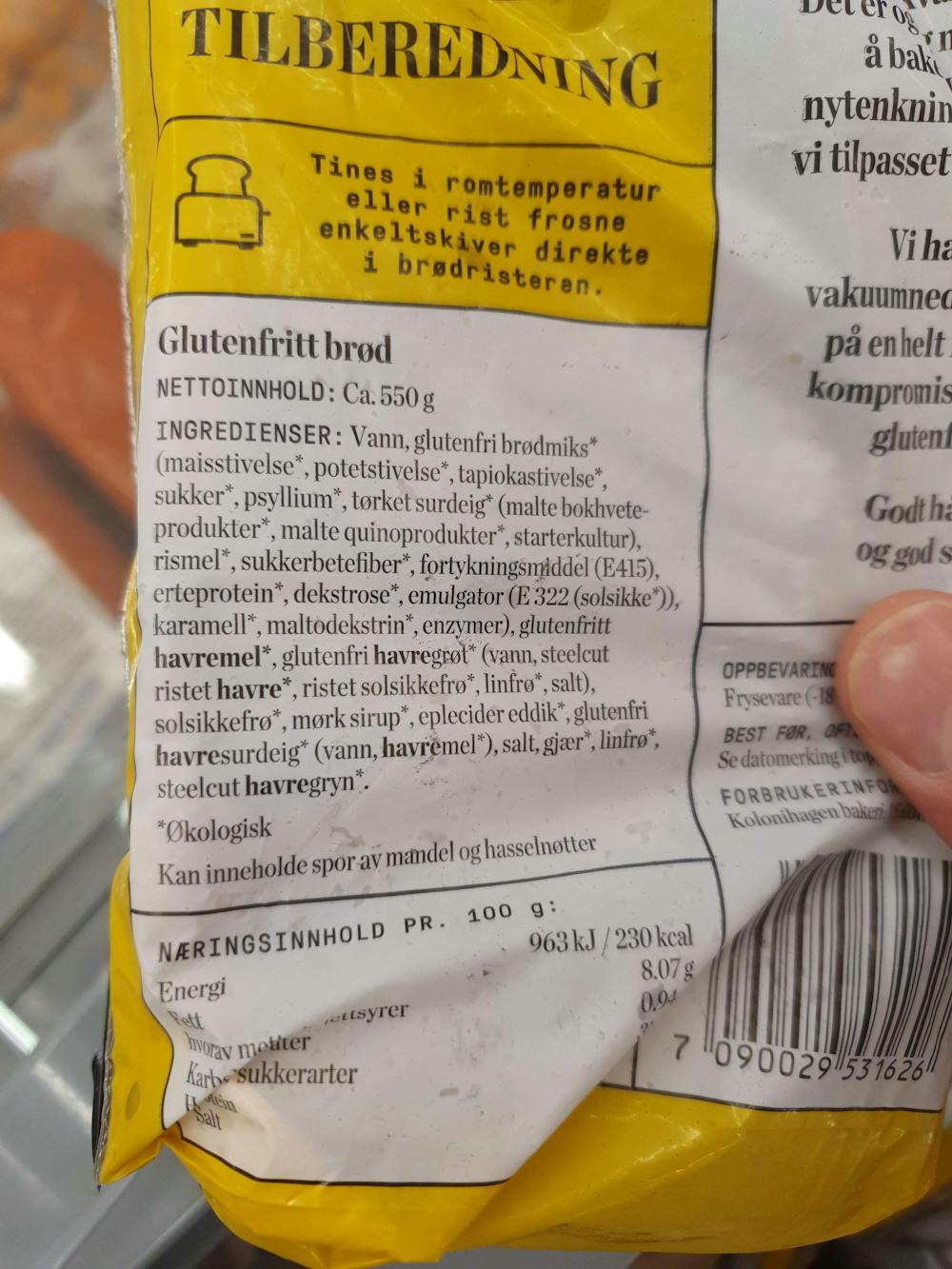 Ingrediensliste - Glutenfritt brød, Kolonihagen
