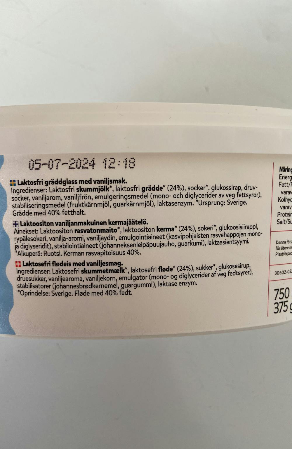 Ingrediensliste - Laktosfri gräddglass Vanilj, SIA Glass