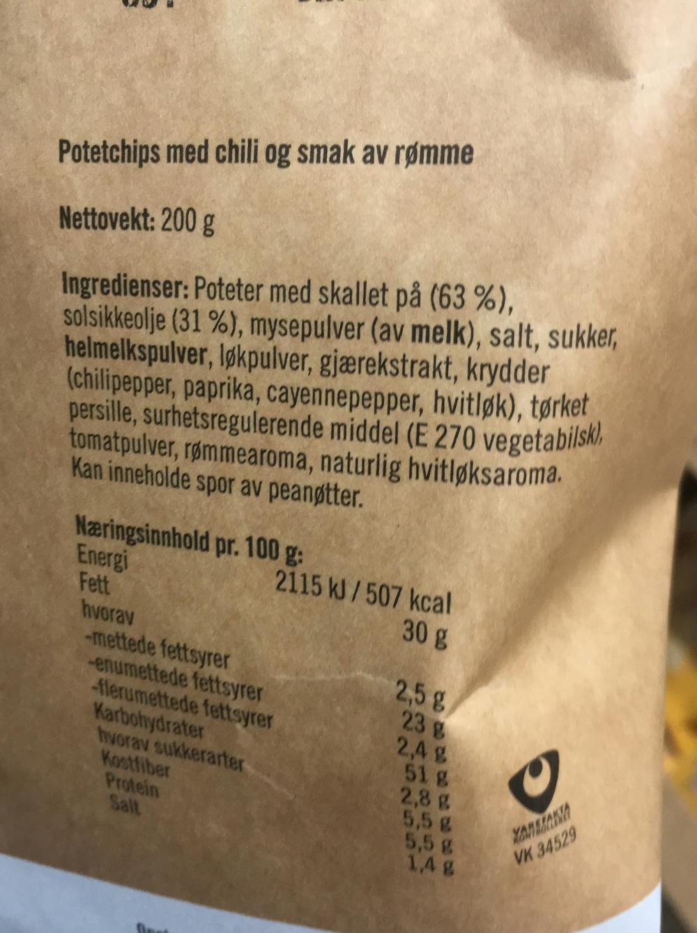 Ingredienslisten til Rema 1000 Mild chili & smak av rømme