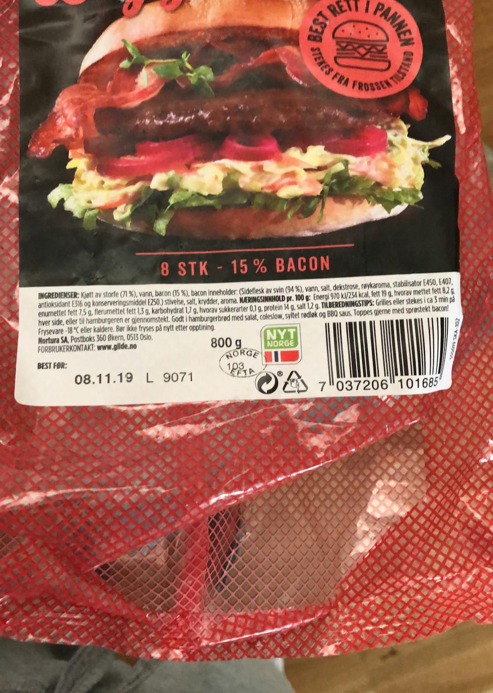 Ingrediensliste - Gilde burger digg bacon, Gilde