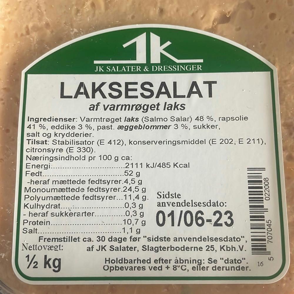 Ingrediensliste - Laksesalat af varmrøget laks, JK Salater & Dressinger