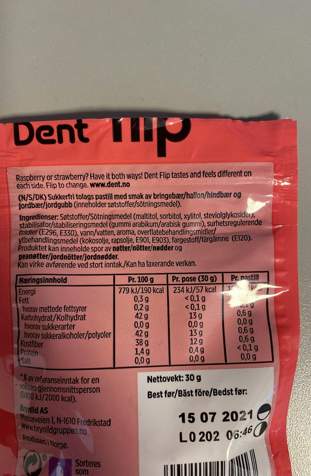 Ingredienslisten til Flip, raspberry/strawberry, Dent