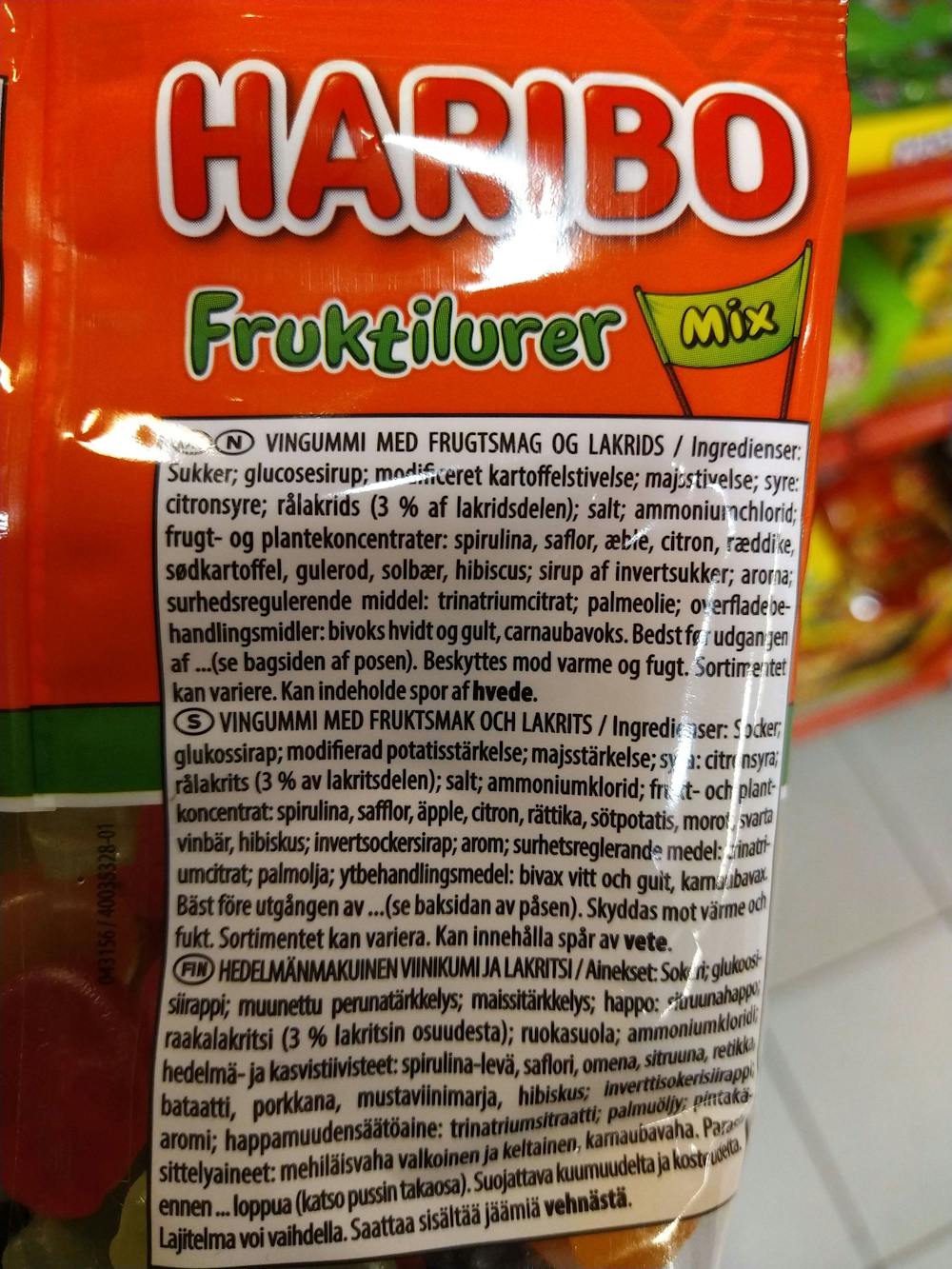 Ingredienslisten til Haribo Fruktilurer mix