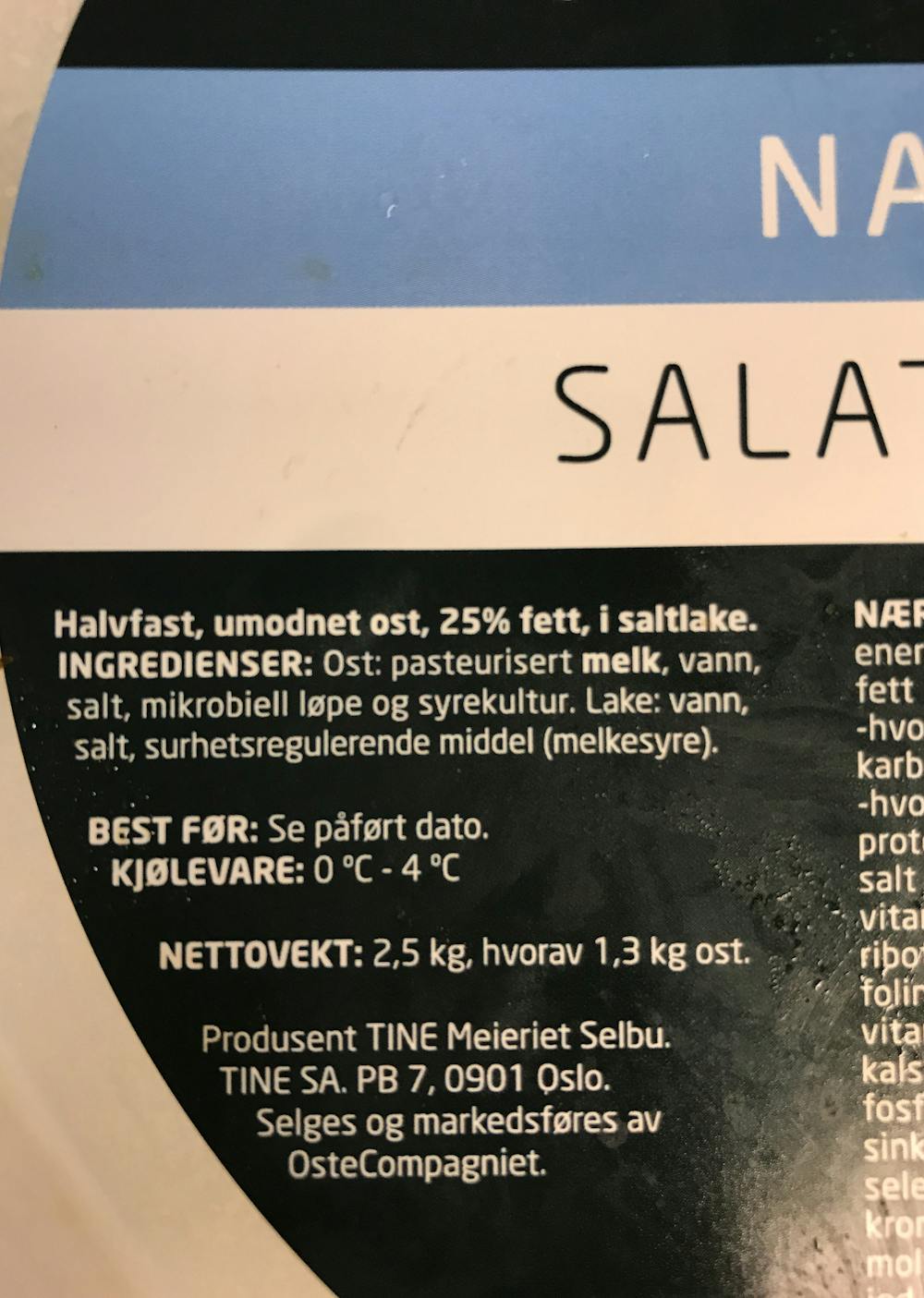 Ingrediensliste - KYBOS Salatost naturell i lake, OsteCompagniet / Tine