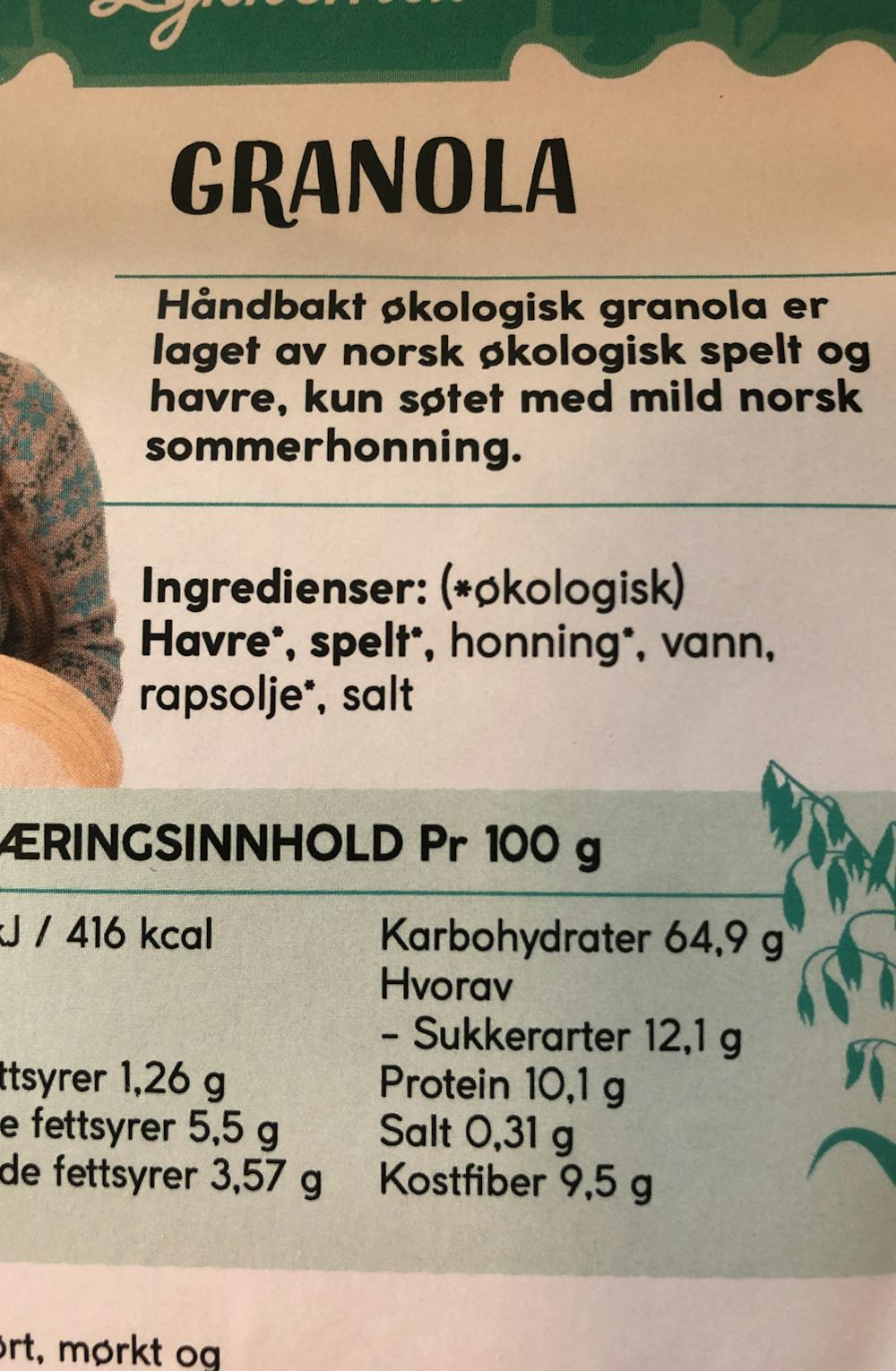 Ingredienslisten til Håndlaget granola, spelt & honning, Lykkemat